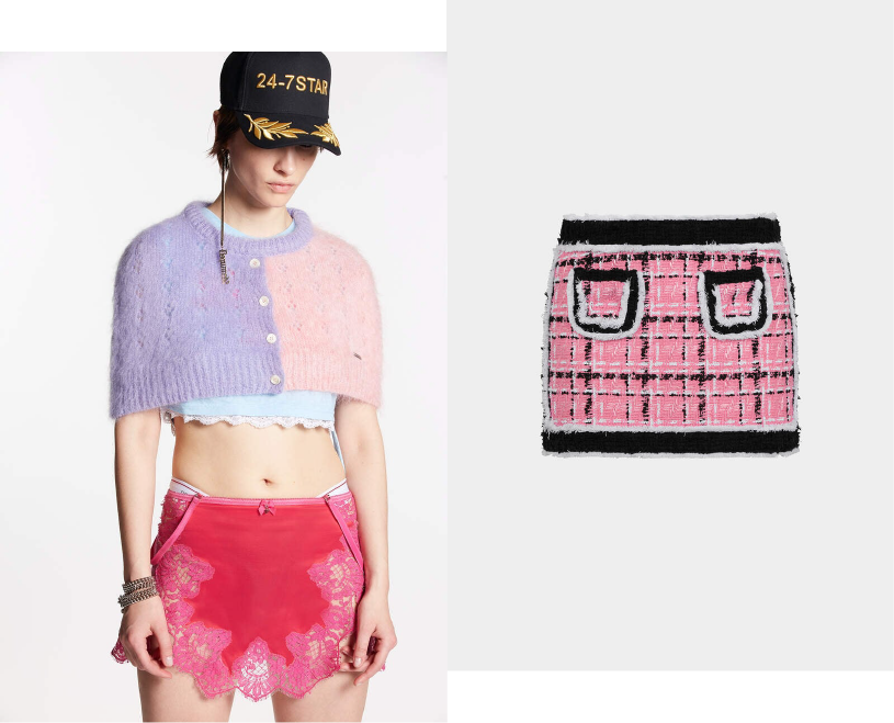 디스퀘어드2(DSQUARED2)의 파스텔 컬러 케이프와 미니 스커트